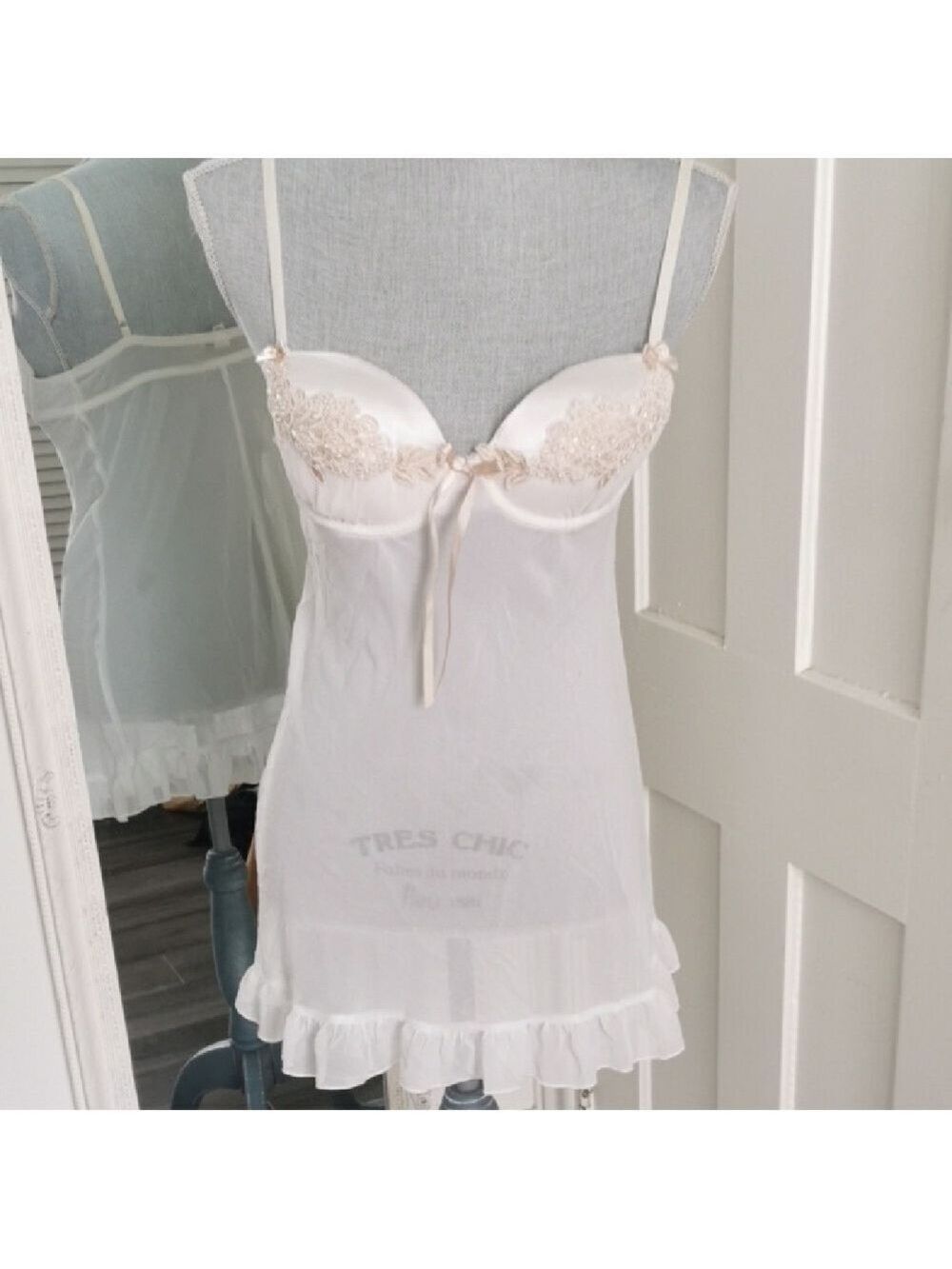 Linea Donatella ivory sheer baby doll sequins lingerie bridal wedding. Size S